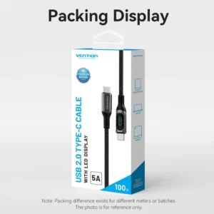 Vention 1.2M USB-C to USB-C 5A Charging Cable – Braided with LED Display & Zinc Alloy Housing-Black