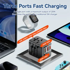 Vention Universal Travel Adapter – 3-Port USB (1x USB-C + 2x USB-A) with 20W/18W/18W Output, Black
