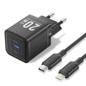 Vention 20W USB-C GaN Wall Charger EU-Plug with 1M USB-C to Lightning Cable – Black, Single Port