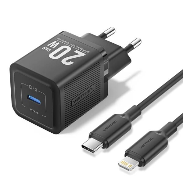 Vention 20W USB-C GaN Wall Charger EU-Plug with 1M USB-C to Lightning Cable – Black, Single Port