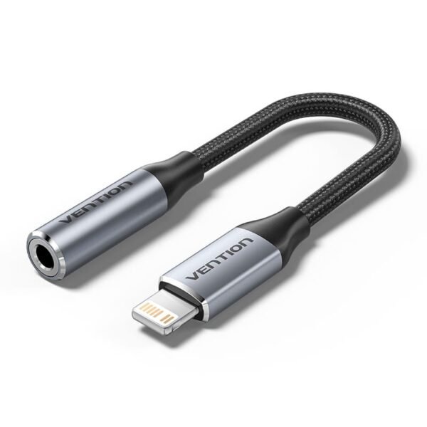 Vention Cotton-Braided Lightning to 3.5mm Audio Jack Adapter – Aluminum Alloy Connector-Gray
