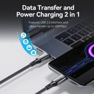 Vention 2M USB-C to USB-C Cable, 5A Fast Charging, Cotton-Braided with Zinc Alloy Connectors – USB 2.0 Black