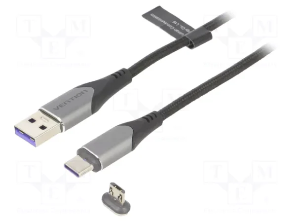 Vention 0.5M 5A Magnetic Charging Cable, USB-A to Micro-B & USB-C TwinMag, Gray Metal