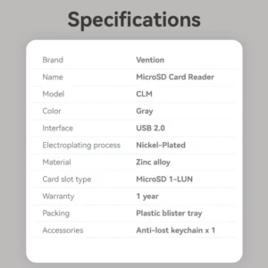 Vention Type-C MicroSD Card Reader – Gray Zinc Alloy-Gray