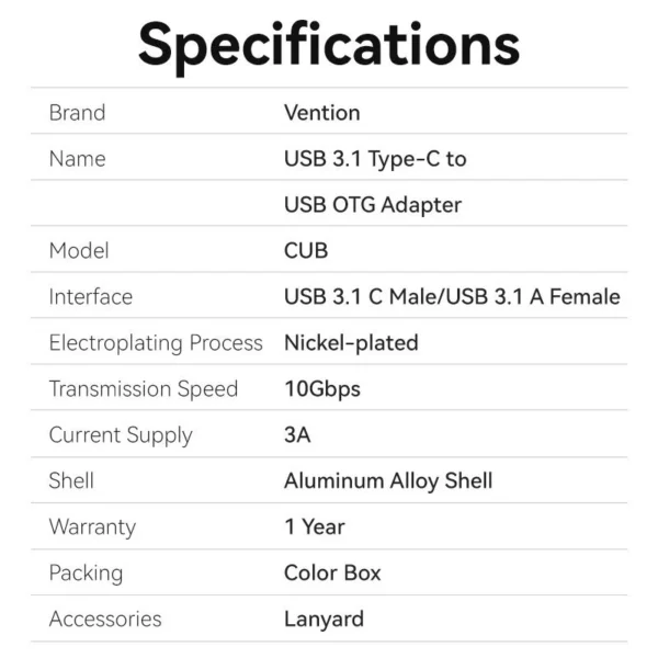 Vention USB-C Male to USB-A Female OTG Adapter with Lanyard – Aluminum Alloy Design - Image 11