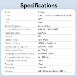 Vention TWS Bluetooth Earbuds - White