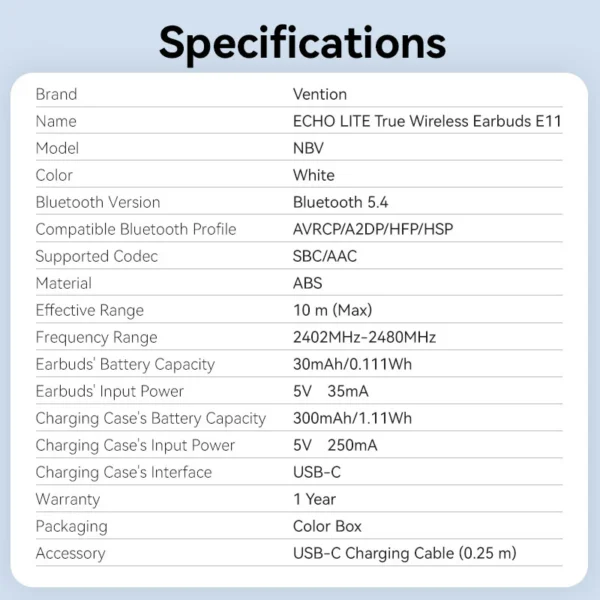 Vention TWS Bluetooth Earbuds - White - Image 11