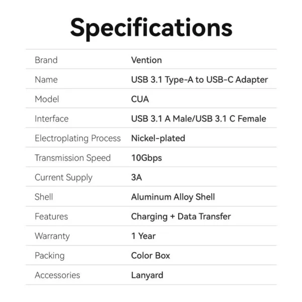 Vention USB 3.1 Type-A Male to USB-C Female Adapter with Lanyard – Gray Aluminum Alloy - Image 10