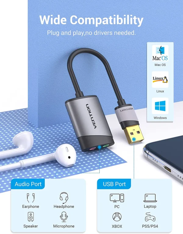 Vention 0.15 Durable Compact USB Audio Adapter – Gray Alloy - Image 2