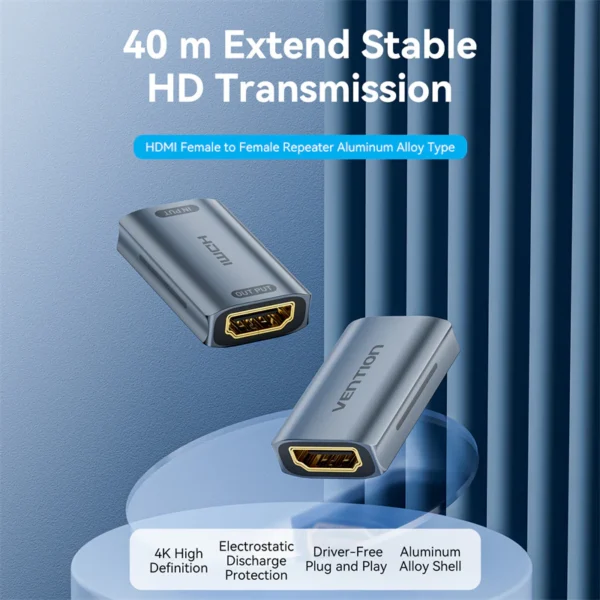 Vention Premium HDMI Coupler with Signal Amplification – Gray Alloy - Image 2
