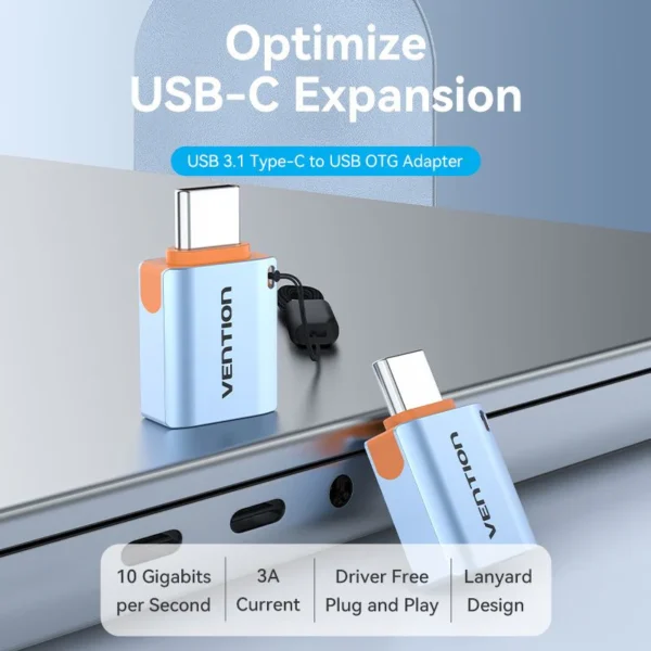 Vention USB-C Male to USB-A Female OTG Adapter with Lanyard – Aluminum Alloy Design - Image 2