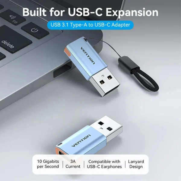 Vention USB 3.1 Type-A Male to USB-C Female Adapter with Lanyard – Gray Aluminum Alloy - Image 2