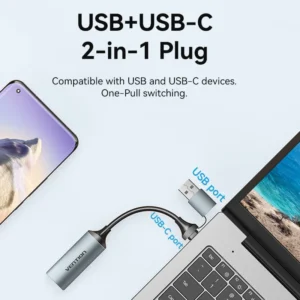 Vention HDMI to USB-C/USB-A Video Capture Card Adapter – 0.1M, Gray
