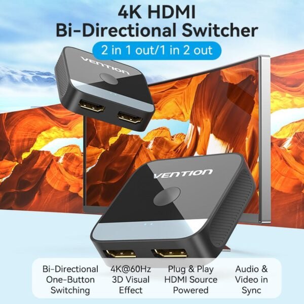 Vention 4K 2-Port HDMI Bi-Directional Switch – Black - Image 3