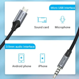 Vention 2M Micro USB to 3.5mm Audio Jack Adapter – Hi-Fi Mic & Karaoke Cable for Android Device-Blacks