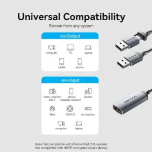 Vention HDMI to USB-C/USB-A Video Capture Card Adapter – 0.1M, Gray